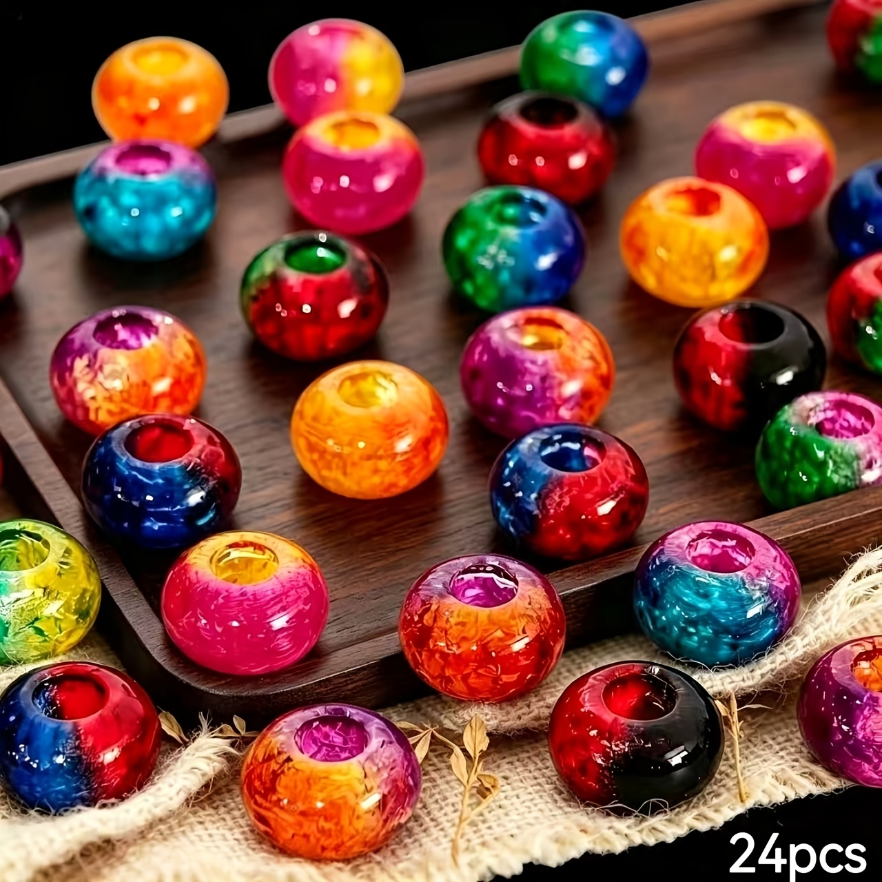 TEMU 24pcs 14 X 9mm Multicolor Glossy Large Hole Bucket Beads Transparent Smooth Acrylic Round Beads Wide Hole Easy Threading Beginner Handmade Car