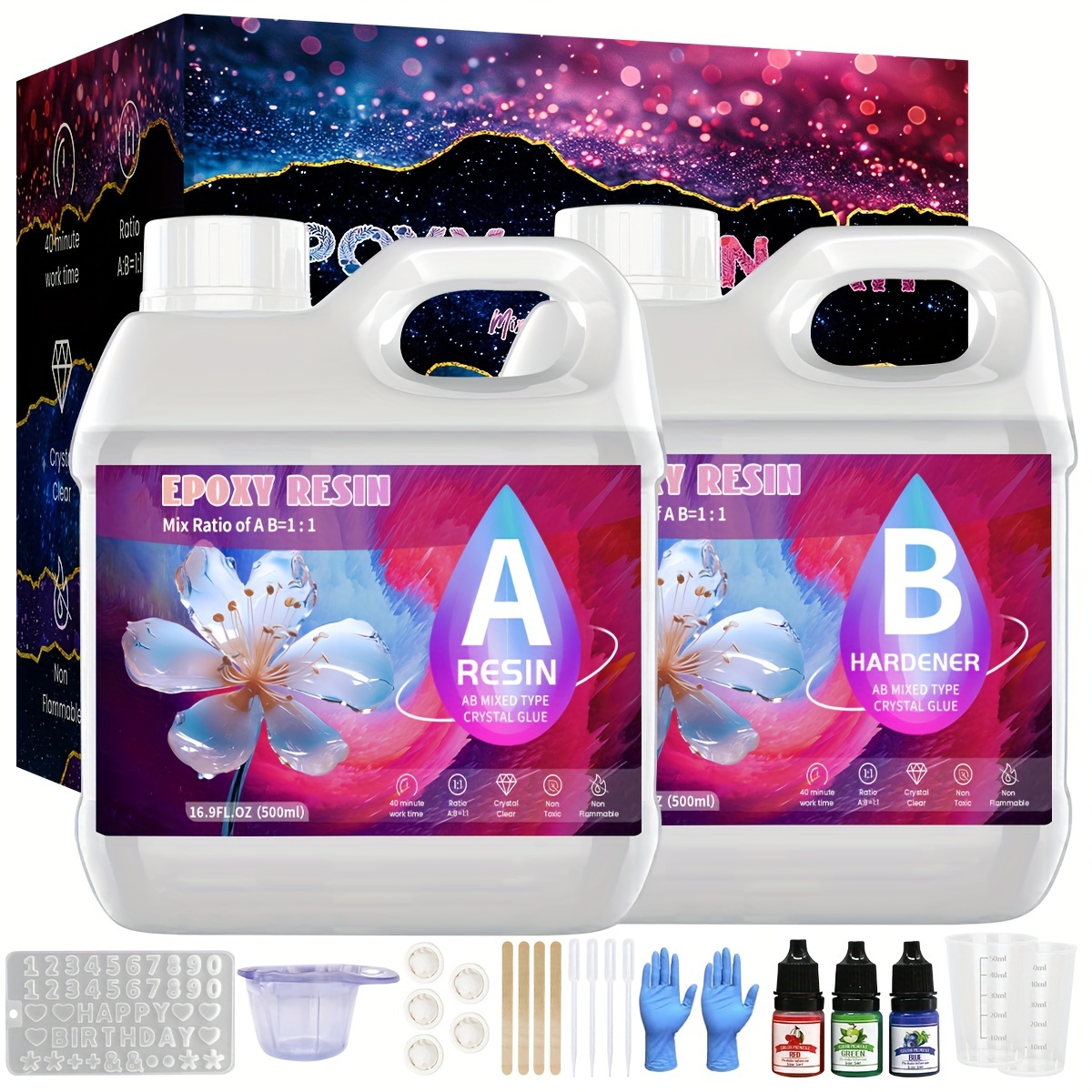 

Epoxy Resin Kit, Crystal Clear Fast-setting Low-odor Non-shrinking, Uv-resistant Ab Glue For Diy Crafts With Box, Gloves, Droppers, Stir Sticks, Pigments - 4 Sizes (50ml/100ml/250ml/500ml) Set