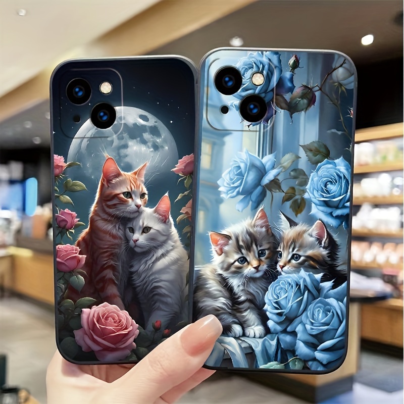 

Cat And Roses Art Tpu Phone Case, Anti-fall Protection, Compatible With Iphone 7 To 15 Series, Moon Night Floral Design Cover For Men And Women - Cute Kitten Gift Accessory