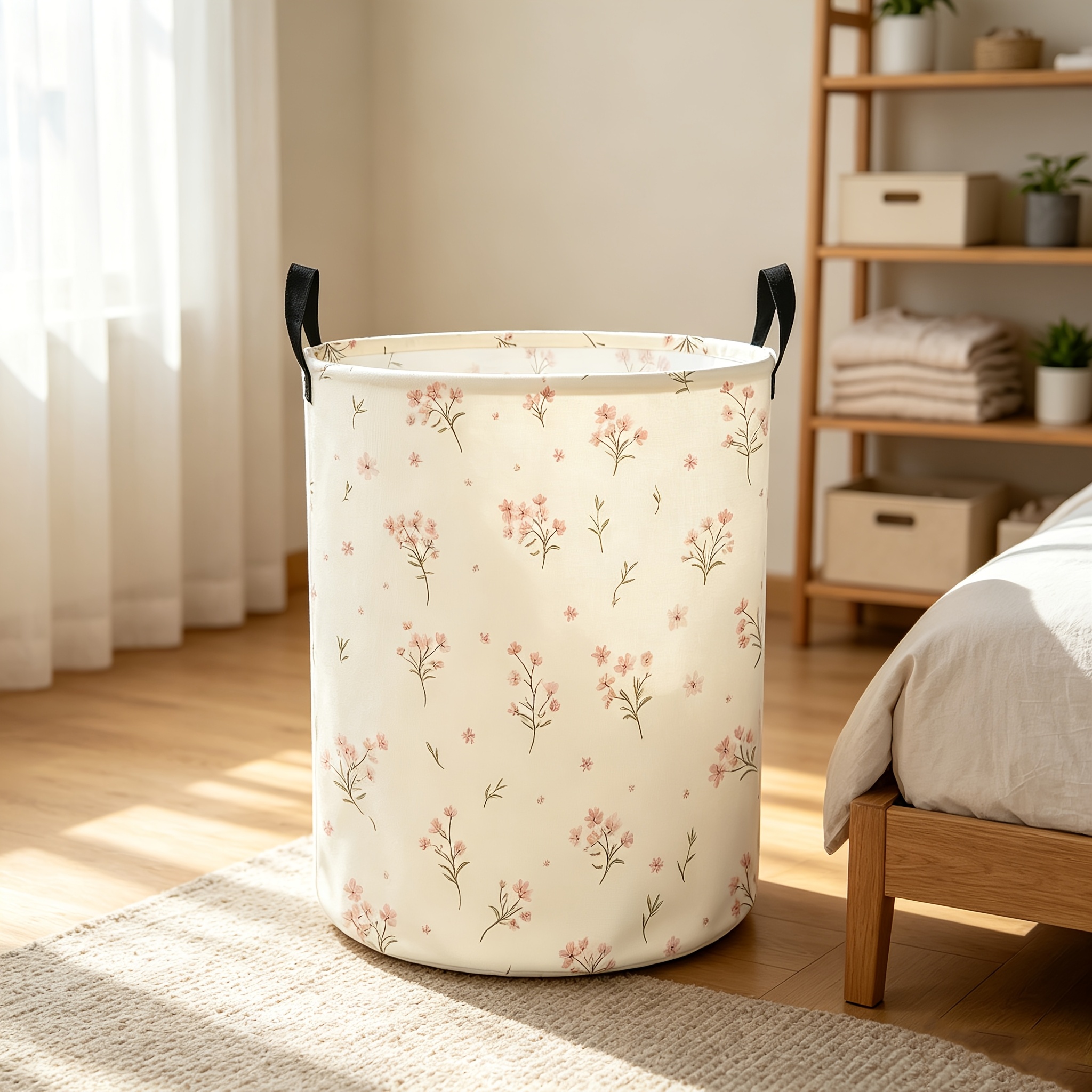 TEMU 1 panier à linge floral crème de style bohème | Grand panier de rangement rond et durable en polyester avec poignée robuste, adapté à de bain et