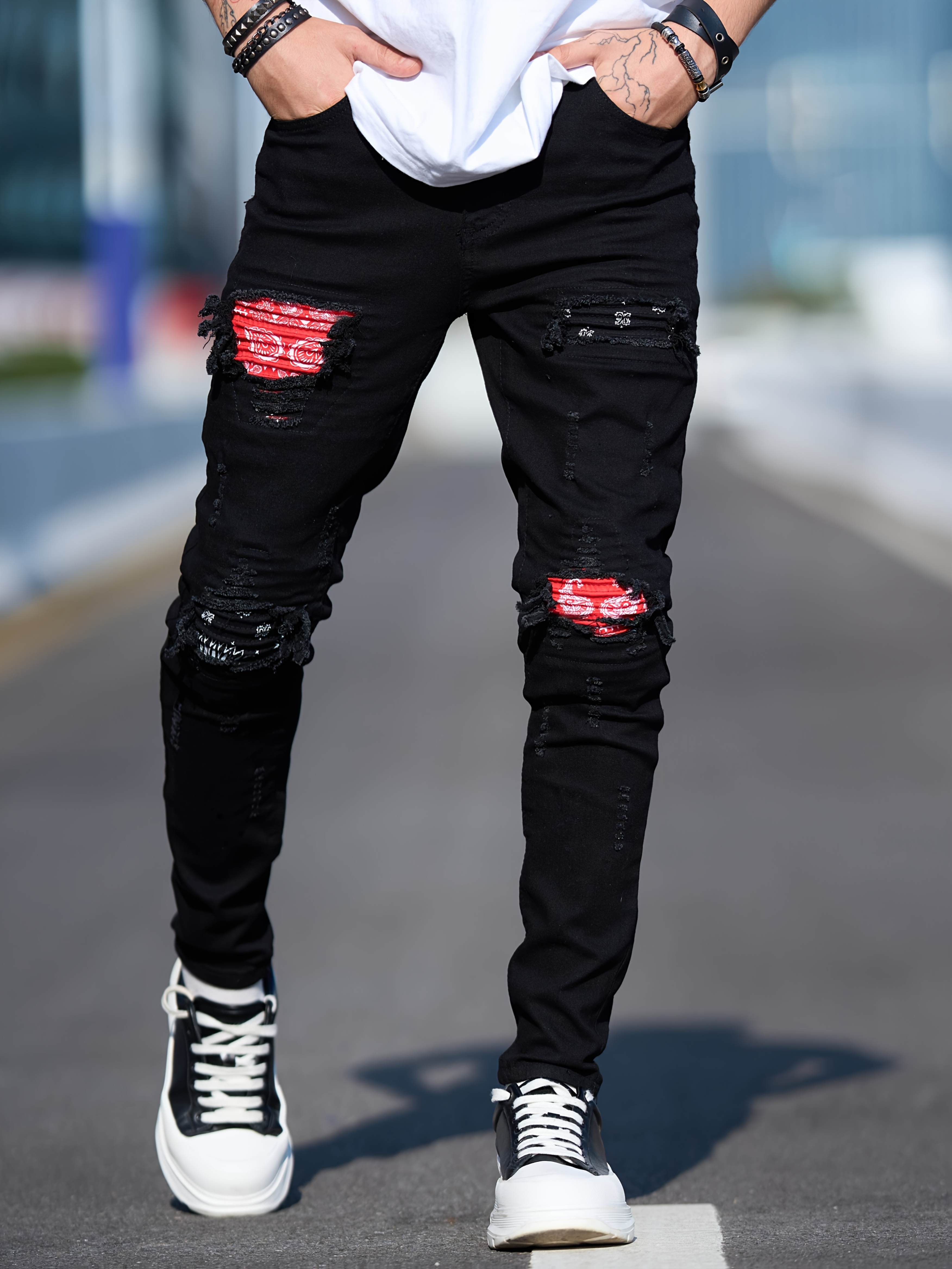 black ripped jeans mens red patch design elastic fit Temu