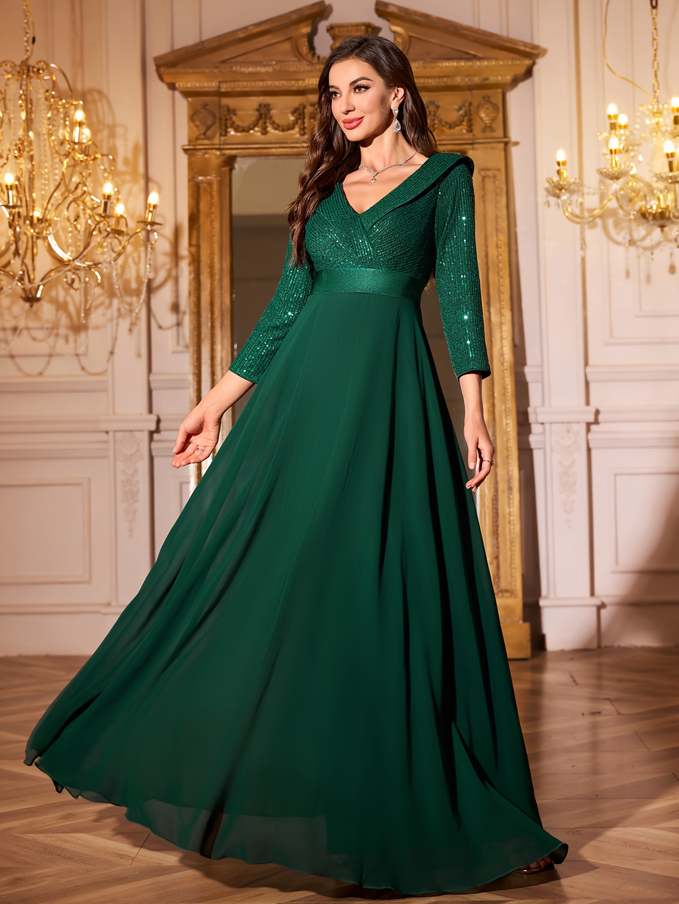 elegant v neck sequin embellished chiffon maxi dress cinched