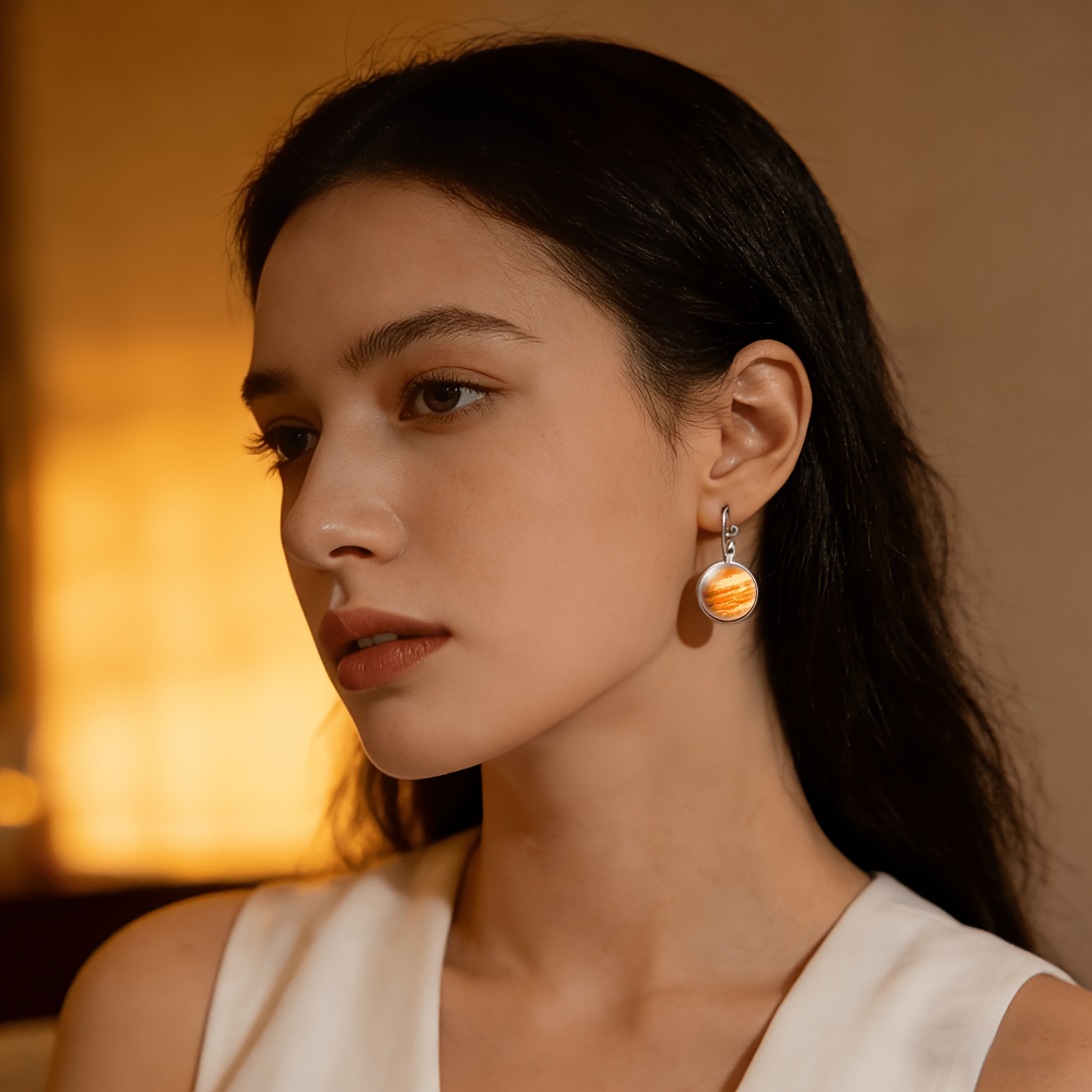 Exquisite White Round Glass Inlaid Earrings, Planetary Design