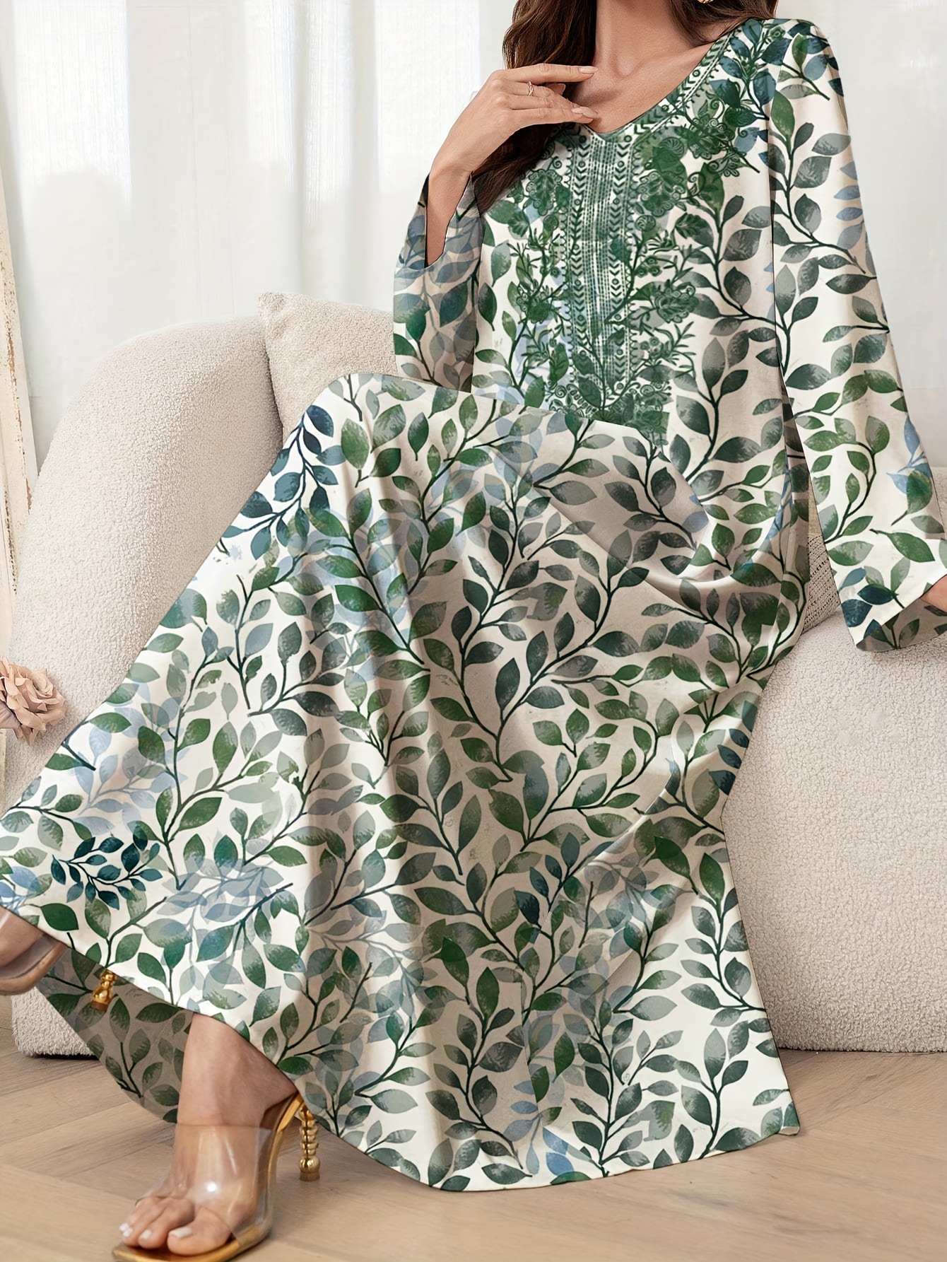 plus size embroidered maxi dress v neck long sleeve loose - Temu Oman