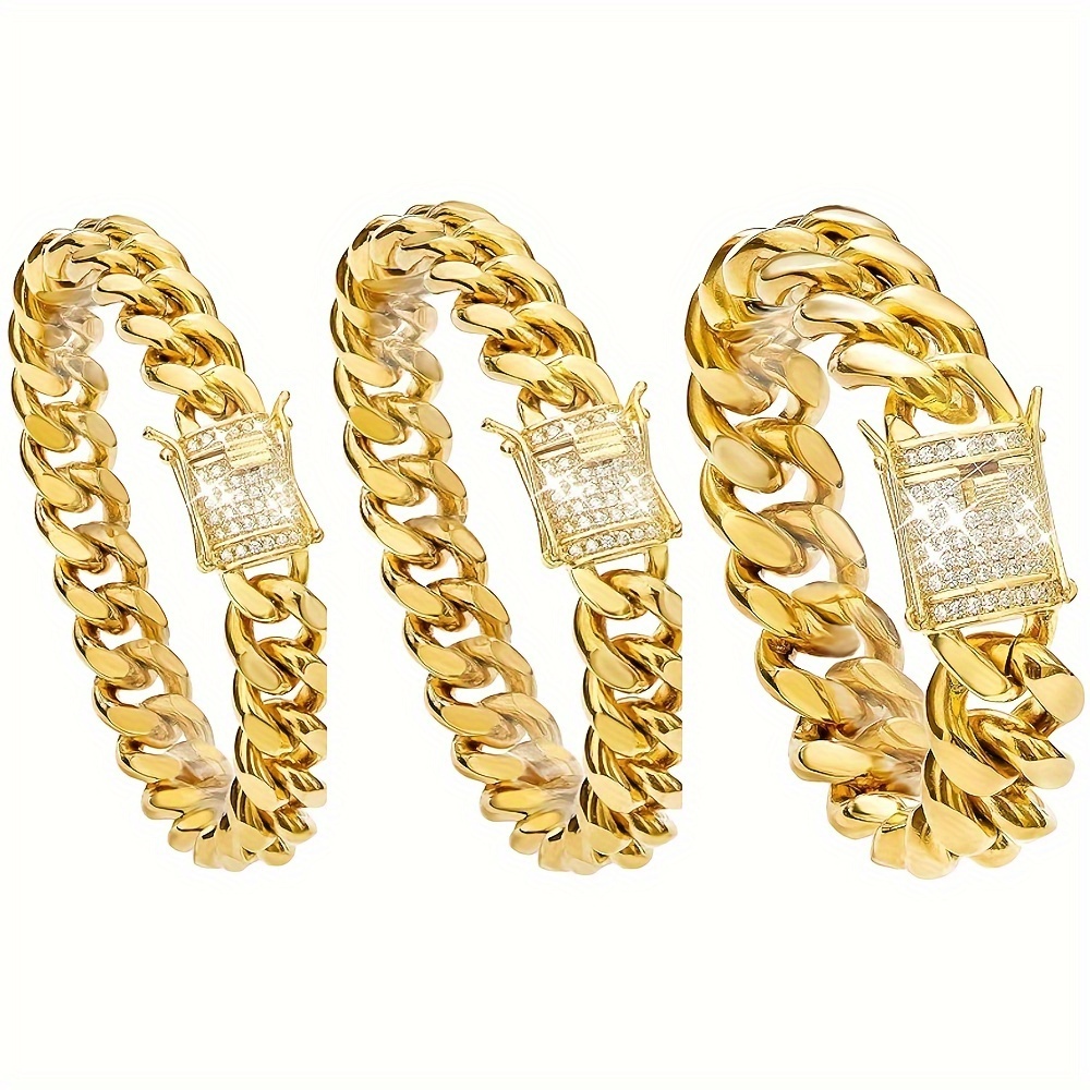 

3pcs Men Miami Cuban Link Chain Bracelet, 18k Gold Plated Cubic Zirconia Cut Faux Stainless Steel Chain Bracelet Set