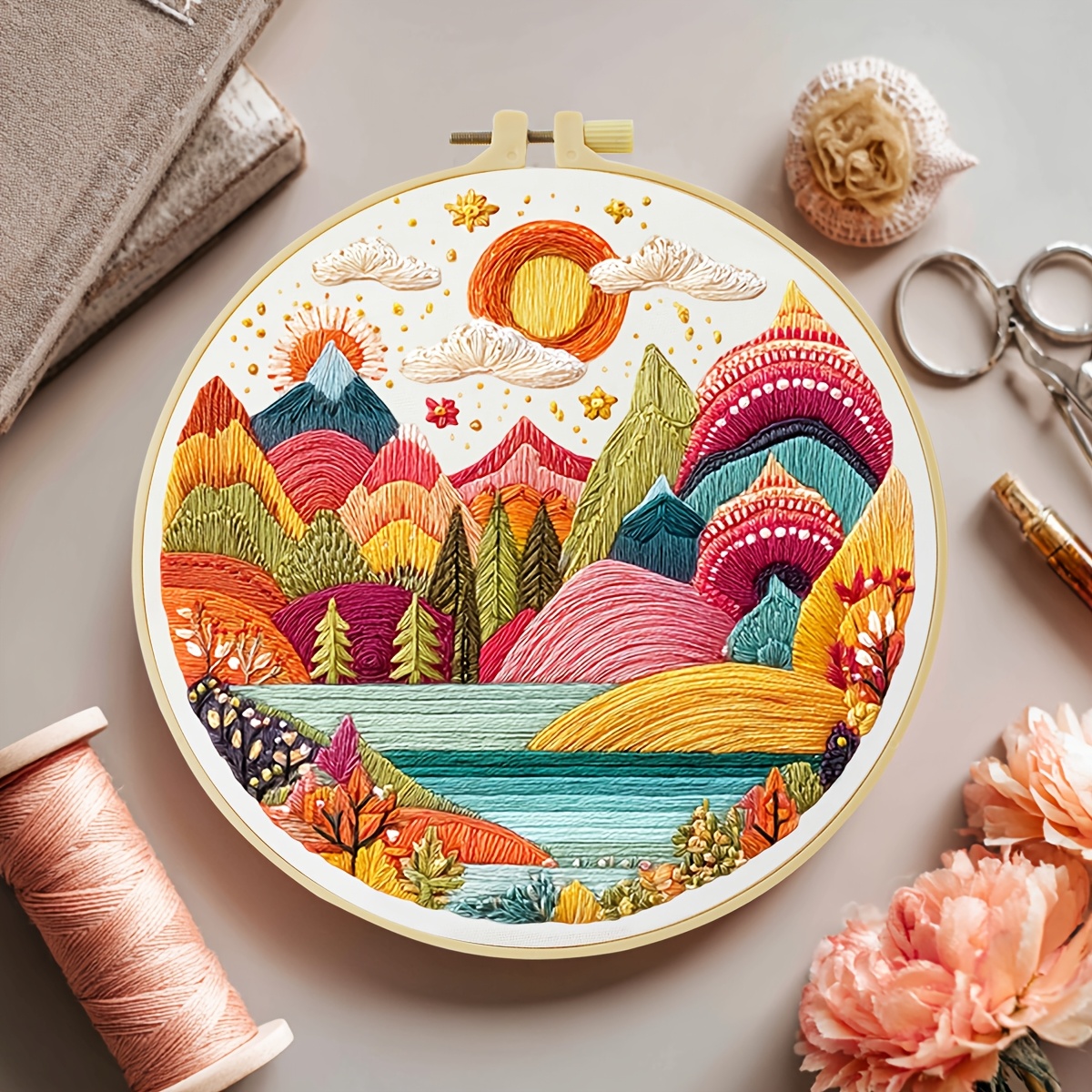 TEMU Embroidery Kit, 20x20cm/7.9x7.9 Inches, Colorful Forest, Hand Embroidery Kit, Suitable For Adult Beginners, Includes Embroidery Cloth,