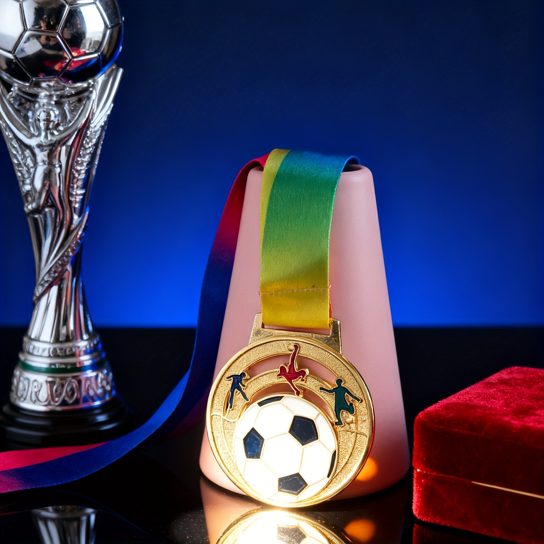 golden soccer trophy blue green ribbon elegant football Temu