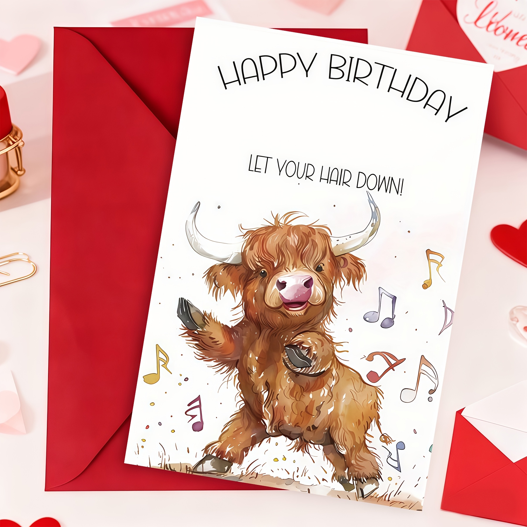 TEMU 1 Set Highland Cow "let Your Hair Down" Birthday Card With Envelope, Cute Dancing Highland Cow & Music Notes, "happy Birthday" Punny Animal