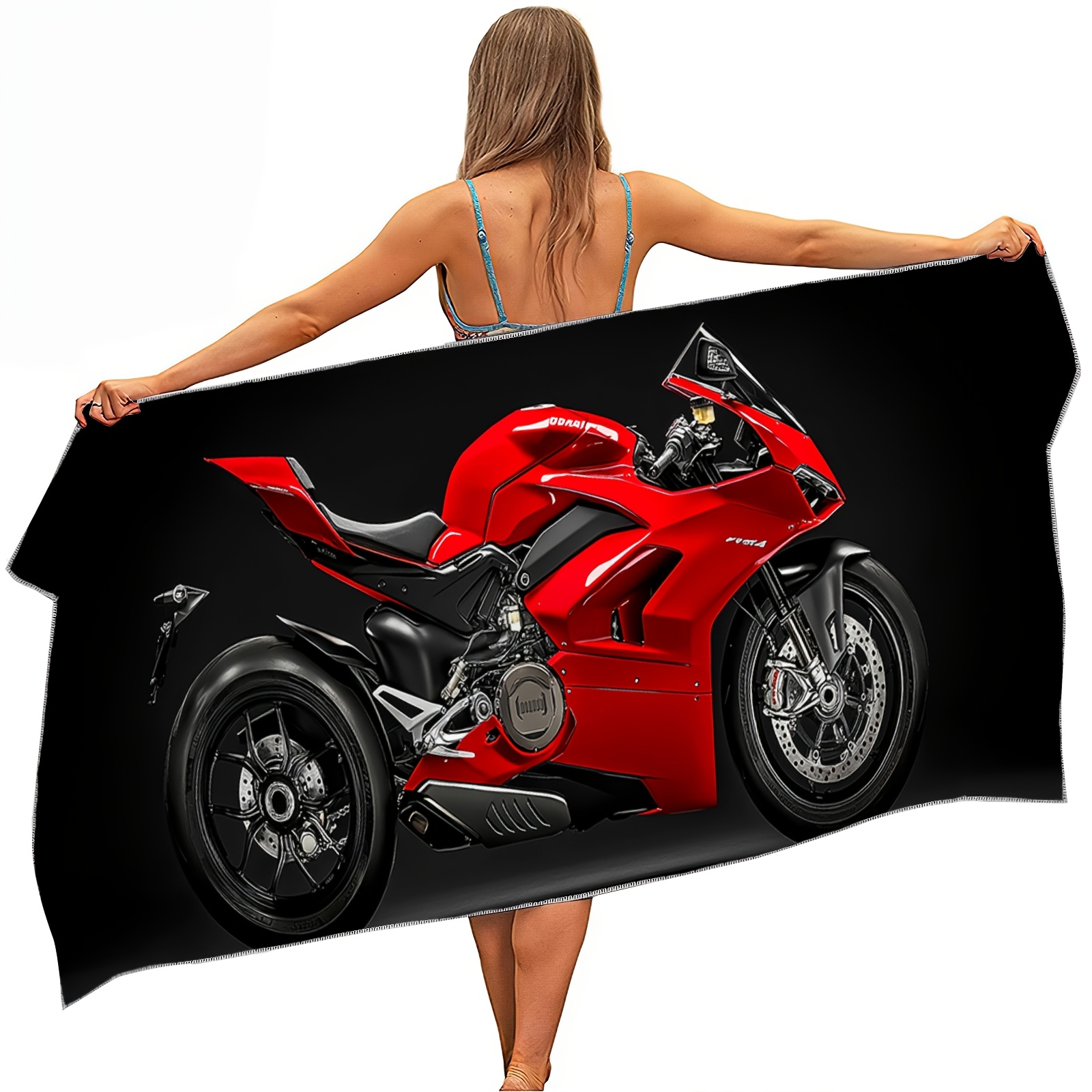 Microfiber Beach Towel Red Motorcycle Print Lightweight Absorbent_voghion.com