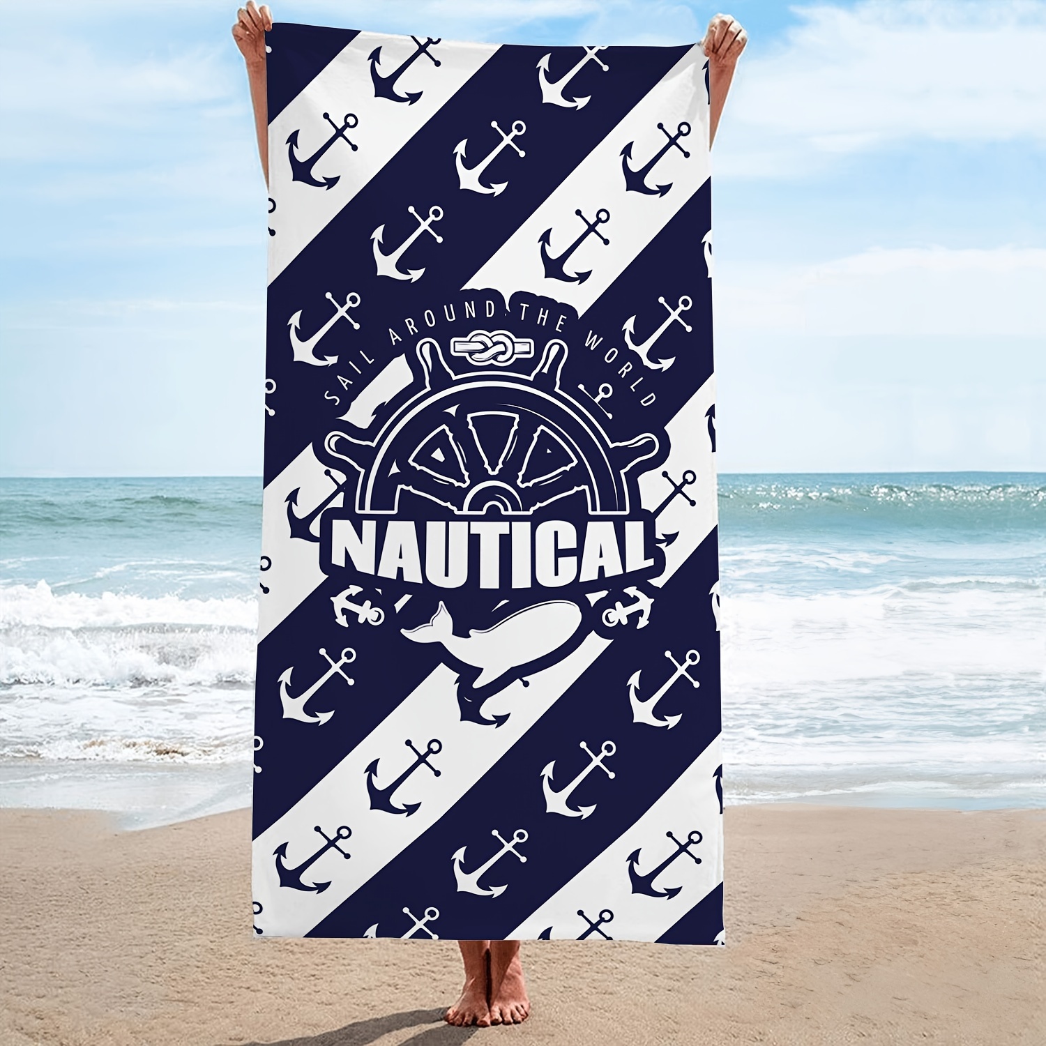 

1pc Anchor Stripe Stripe Microfiber Beach Towel, Nautical Modern Oversized Bath Towel, Durable Quick Drying Sunscreen Easy To Clean Super Absorbent Towel