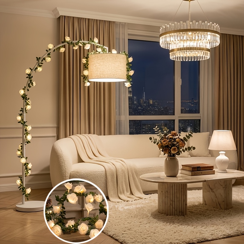 TEMU Catena Luminosa a Forma di Foglie con Luce e Rose Bianche, 205 cm / 80.71 Pollici, Perfetta per Camere da Letto, Soggiorni, Feste e Vacanze,