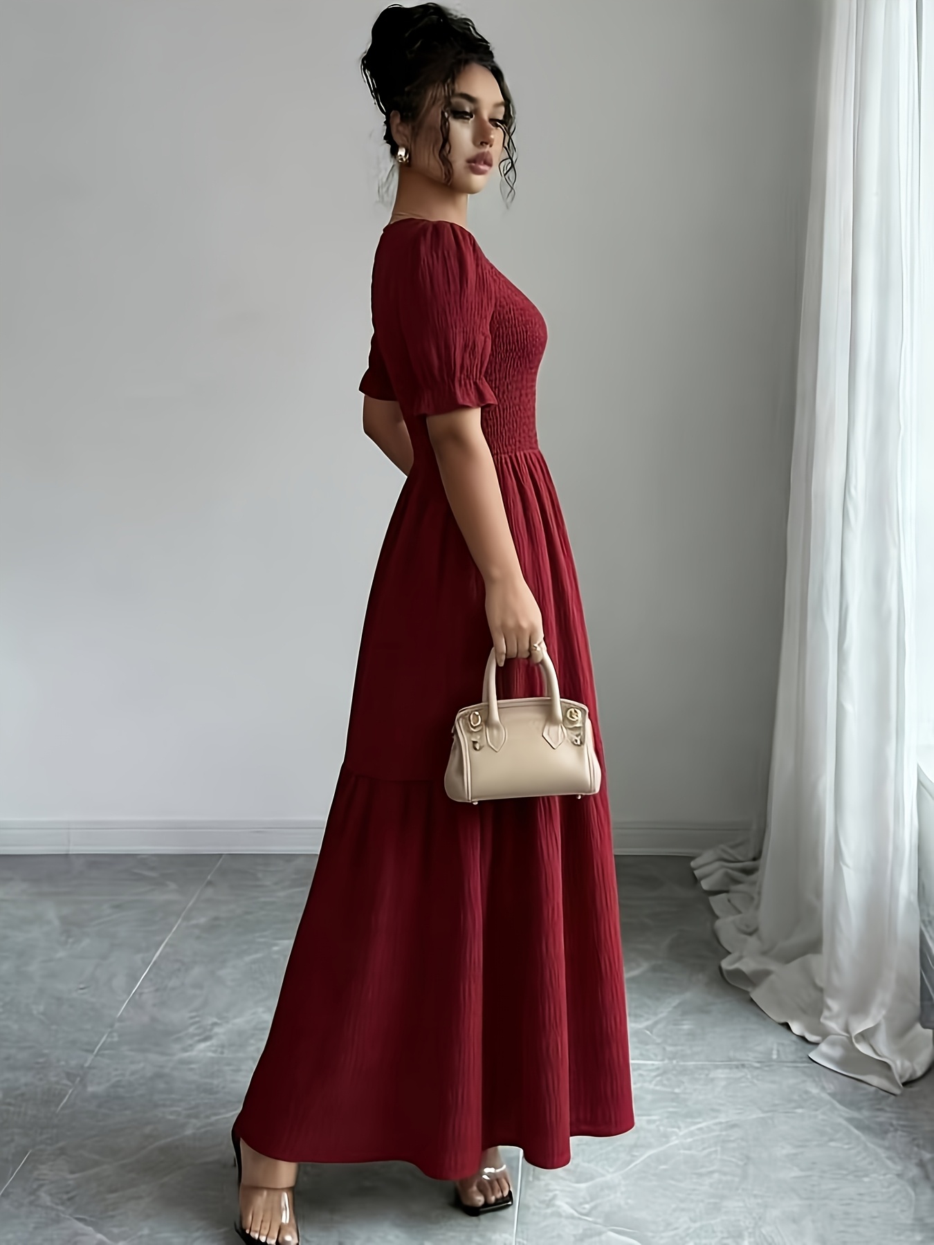 solid ruched short sleeve a line elegant womens dress round - Temu Oman