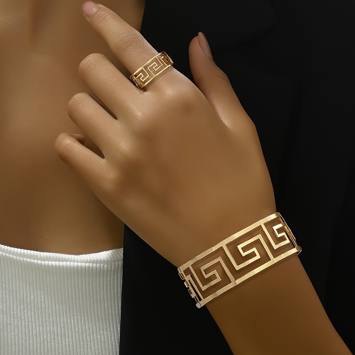 

Golden Geometric Hollow Cuff Bracelet & Ring Set, Vintage & Simple Style, Great Wall Pattern, Adjustable Open Band Jewelry Set For Women