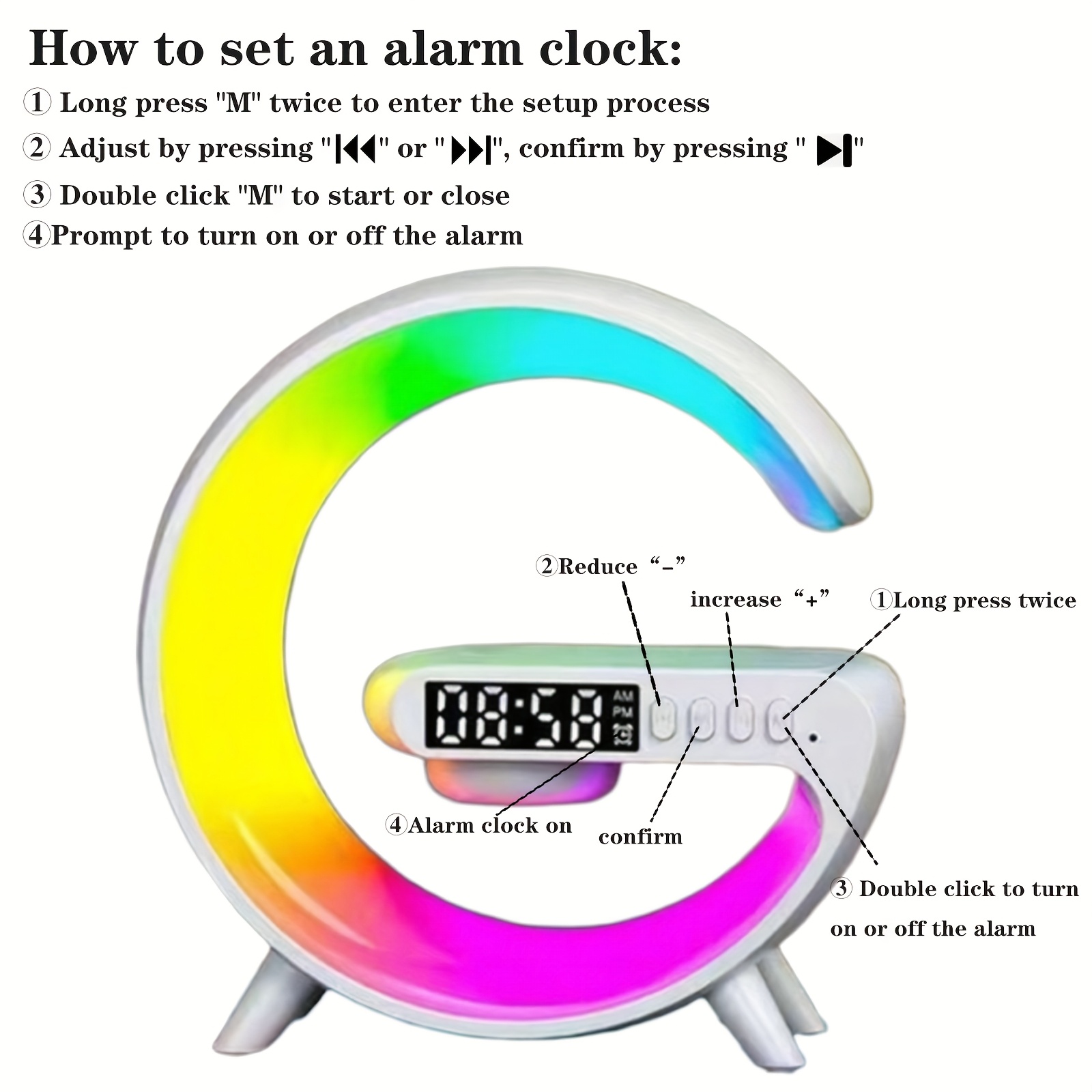 Una lámpara RGB multifuncional con varios modos de iluminación, que incluye carga inalámbrica, una función de altavoz inalámbrico, un reloj de pantalla y soporte para la reproducción de tarjetas TF