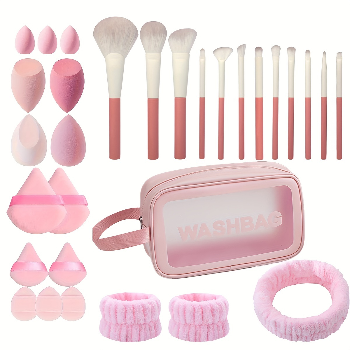 

30pcs Luxury Makeup Set With Pink Brushes, Storage Bag, Puff, Wristband & Headband - Nylon , Abs Handles, Fragrance-free - Ideal For Types, Travel-friendly, Makeup Accessories