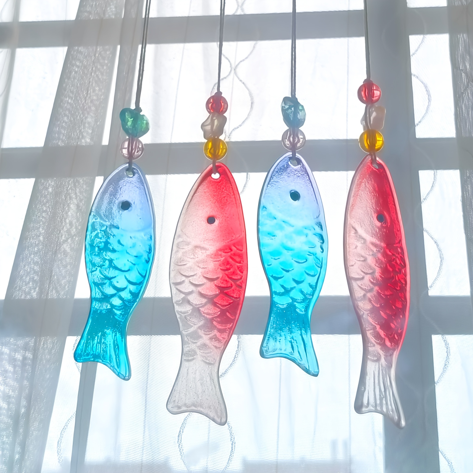 TEMU 4pcs Glass Nautical Fish & Beads Sun Catcher Window Decorations - Hanging Ornaments Suitable For Wedding, Christmas, For Home, Garden, -