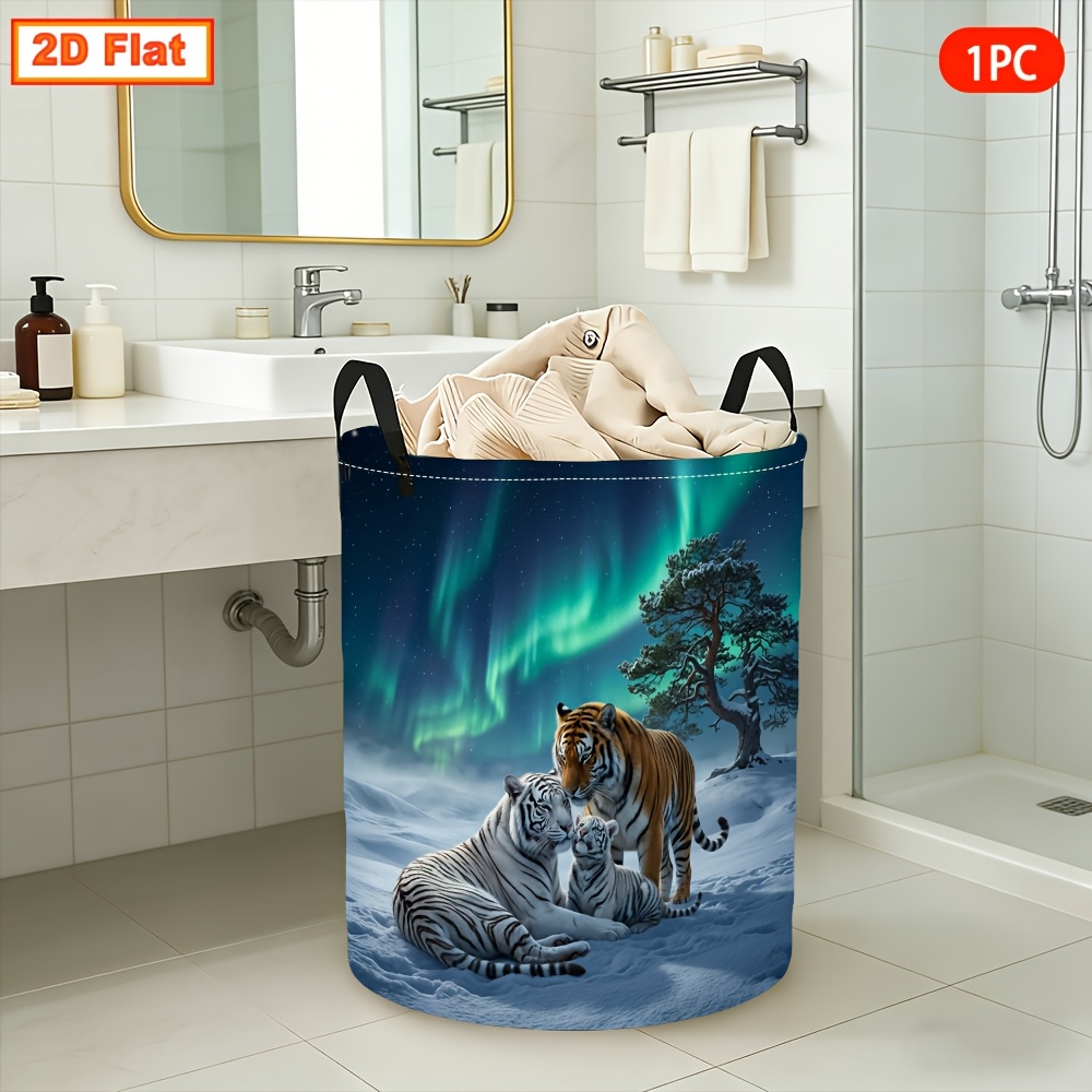 TEMU 2d Flat, 1pc, 3 Tigers In Snow With Aurora Reflection, Themed Laundry Basket, Storage Basket, Travel Portable, Dirty Clothes Storage, Space-