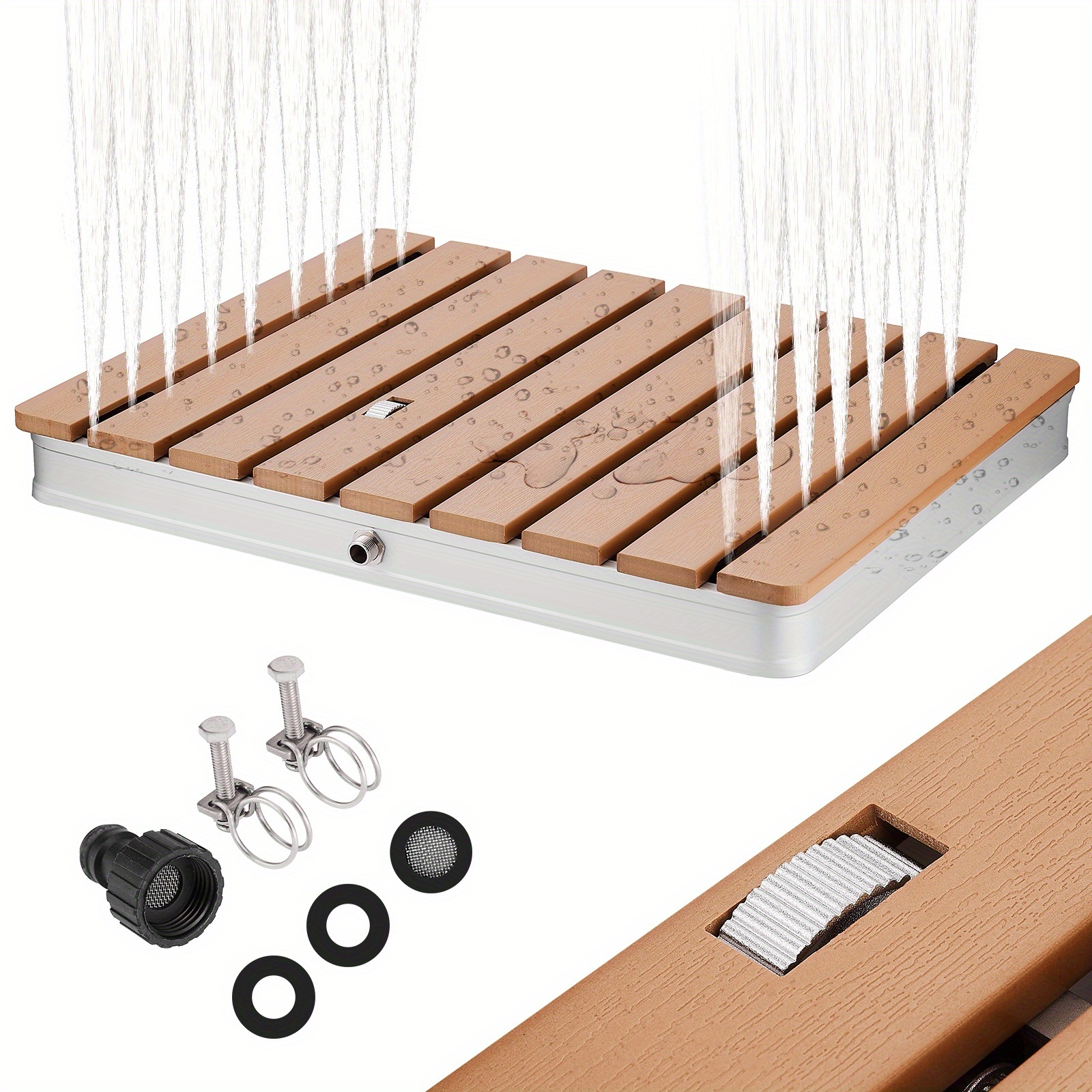 [Portable Outdoor Shower] Heavy-Duty Portable Outdoor Shower with Adjustable Height - No Electricity Needed, Non-Slip Base, Large 28x22 Inch - Woodlike Appearance, Rustresistant Material - for Garden, Pool, Camping, Sauna, Backyard, Beach, RV - Easy-Clean Design