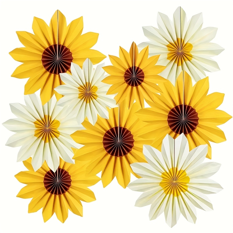 TEMU 9pcs Set Sunflower Party Decorations, Birthday Paper Fans, Billboard Decorations, Flower Themed Pendant Wall Decorations, Halloween Decorations,