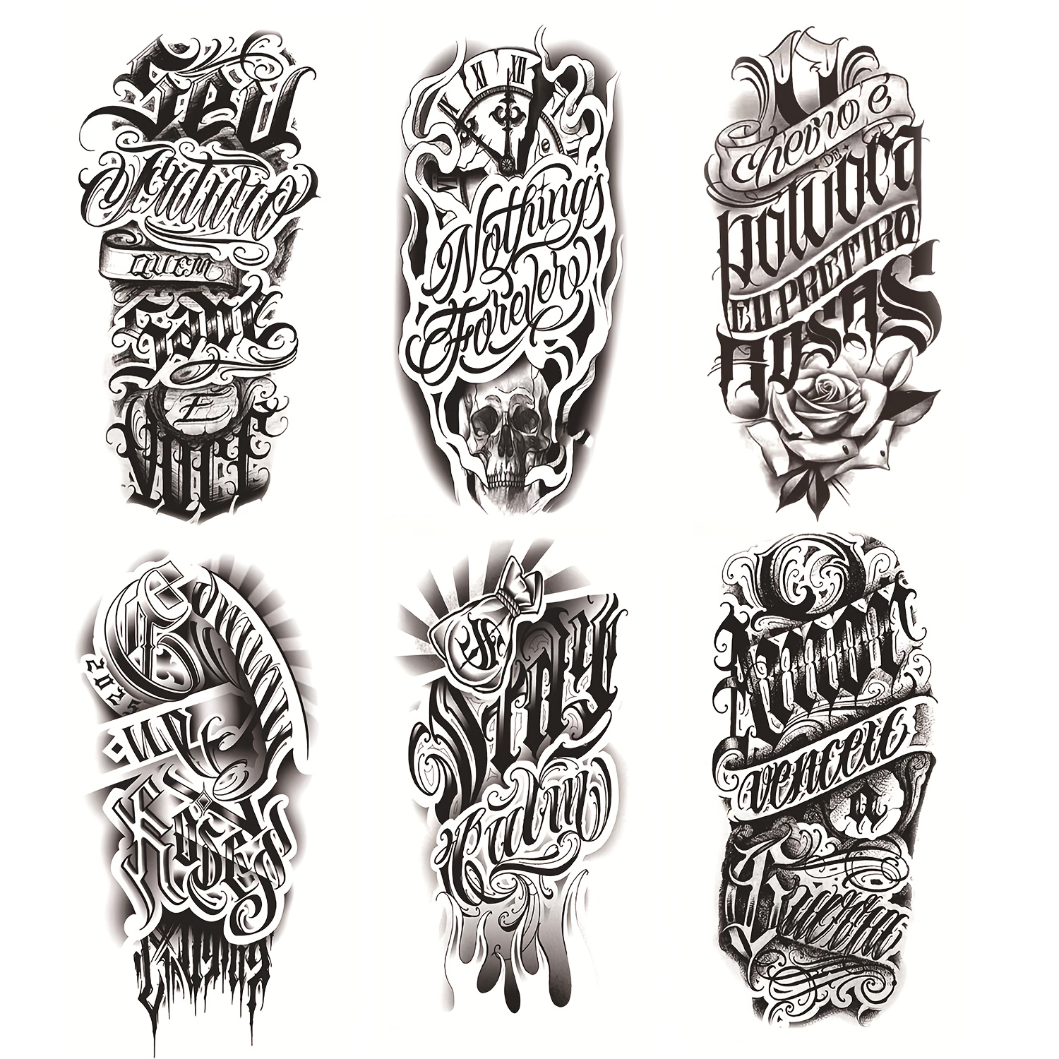 Image of 6 Sheets Cool Letter Flower Totem Full Arm Temporary Tattoo - Skin-friendly Waterproof Lasting 3-5 Days Easy To Apply & Remove For Arm/body Daily Outfit/party/festival Decor Fake Tattoo