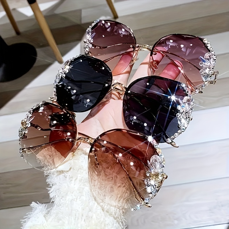 

Oversized Gradient Lenses Fashion Women's Casual Rhinestones Decorated Rimless Glasses Beach Party Fashion Glasses