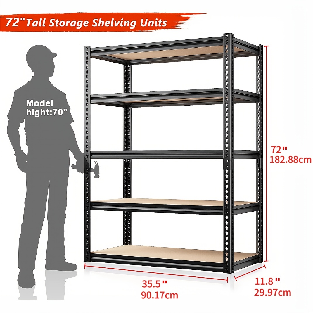 72" Metal Garage Shelving Unit with 5 Adjustable Tiers, 2000 lbs Capacity, Floor-Mounted Utility Rack for Workshop, Kitchen, Warehouse, and