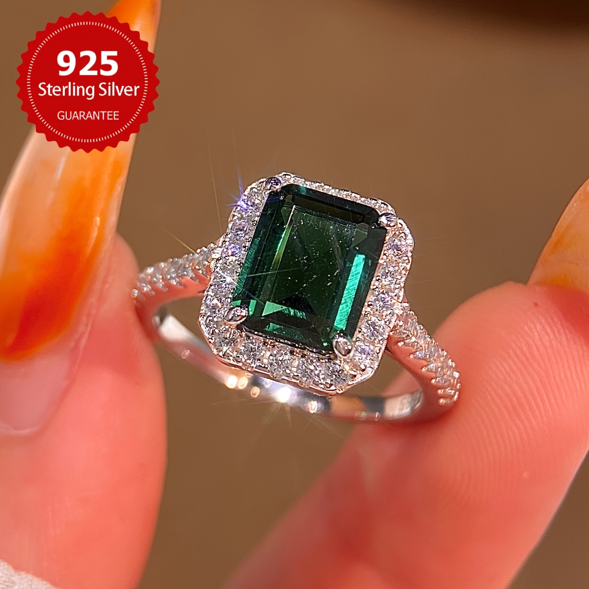 Vintage Green Zirconia Engagement Ring in S925 Silver