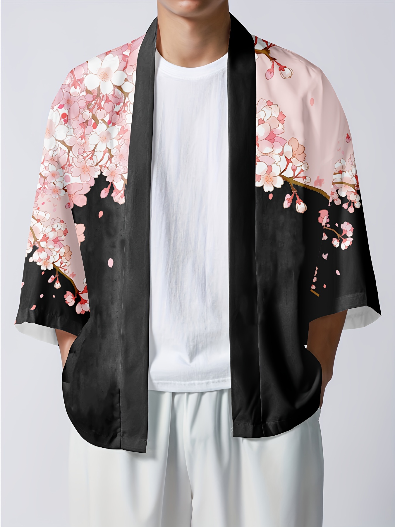Men's Two Piece Outfits Silky Satin Rose Printed Open Front Kimono Shirt  And Casual Shorts Set In BLACK