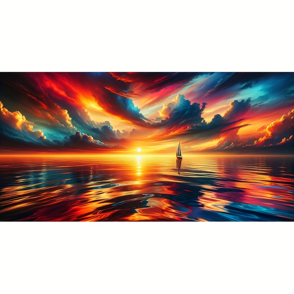 

5d Diy Diamond Painting Kit Sunset Seascape - Round Full Drill Acrylic Art Set, Landscape Theme Handicraft For Home And Office Decor, 50x100cm