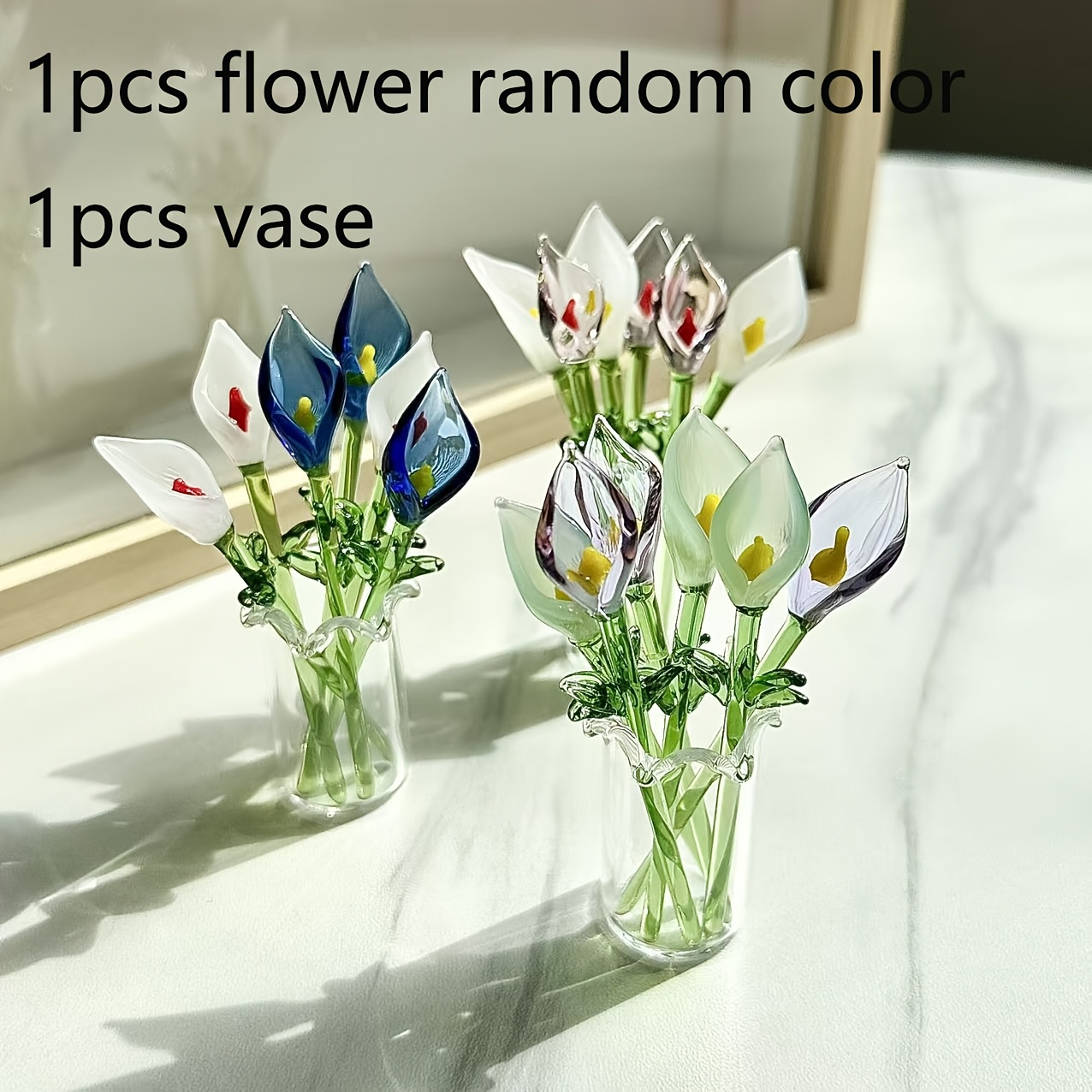 TEMU 2pcs Handcrafted Glass Calla With Stem Random Color Glass Flower With Vase Hand-blown Mini Glass Flower Decoration Room Office Floral Ornament