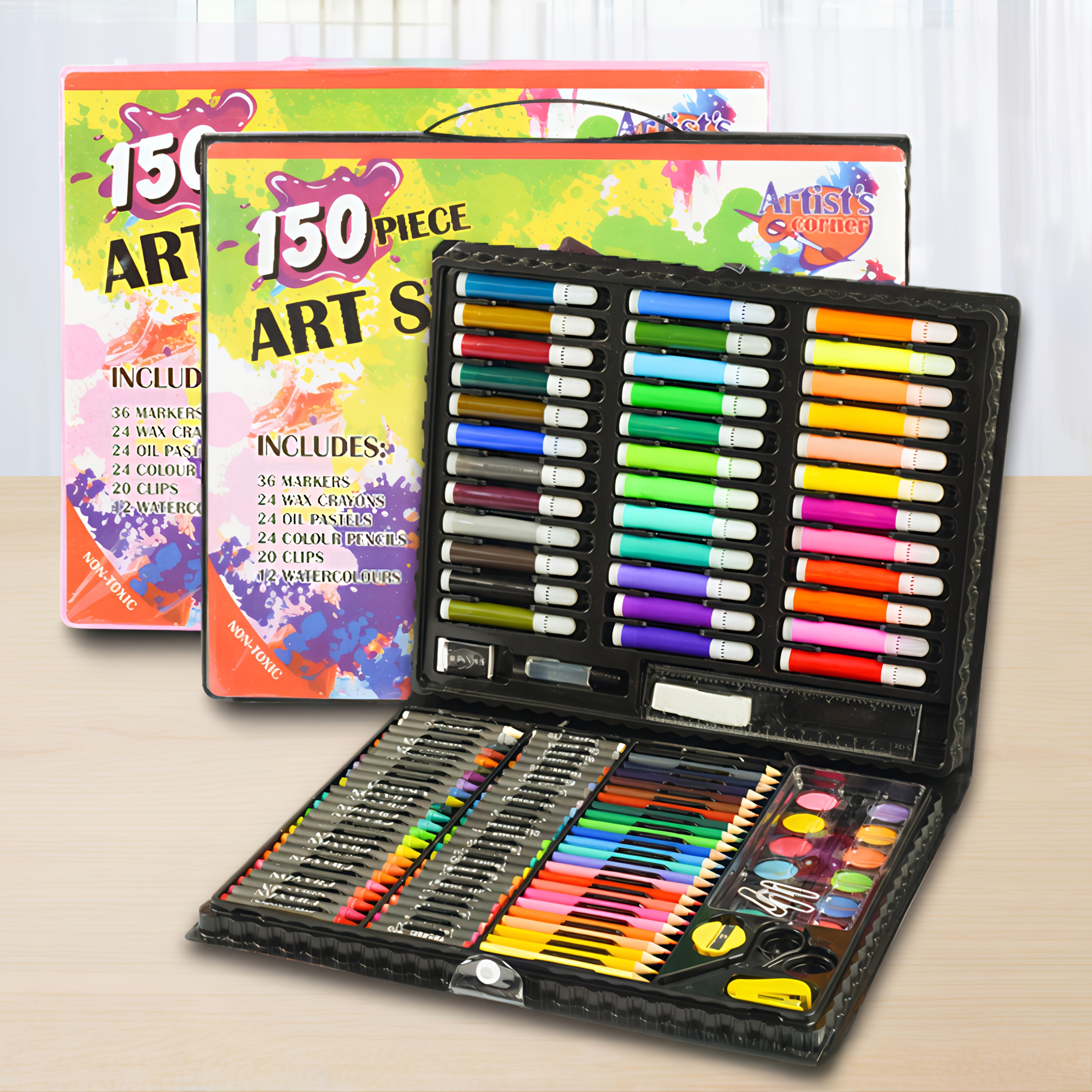 

150pcs Set For Students - Includes Crayons, Wax Pencils, Colored Pencils, Watercolor Markers - Perfect Gift For Young Artists, 2d, Ideal For Room Decor, Plastic Material