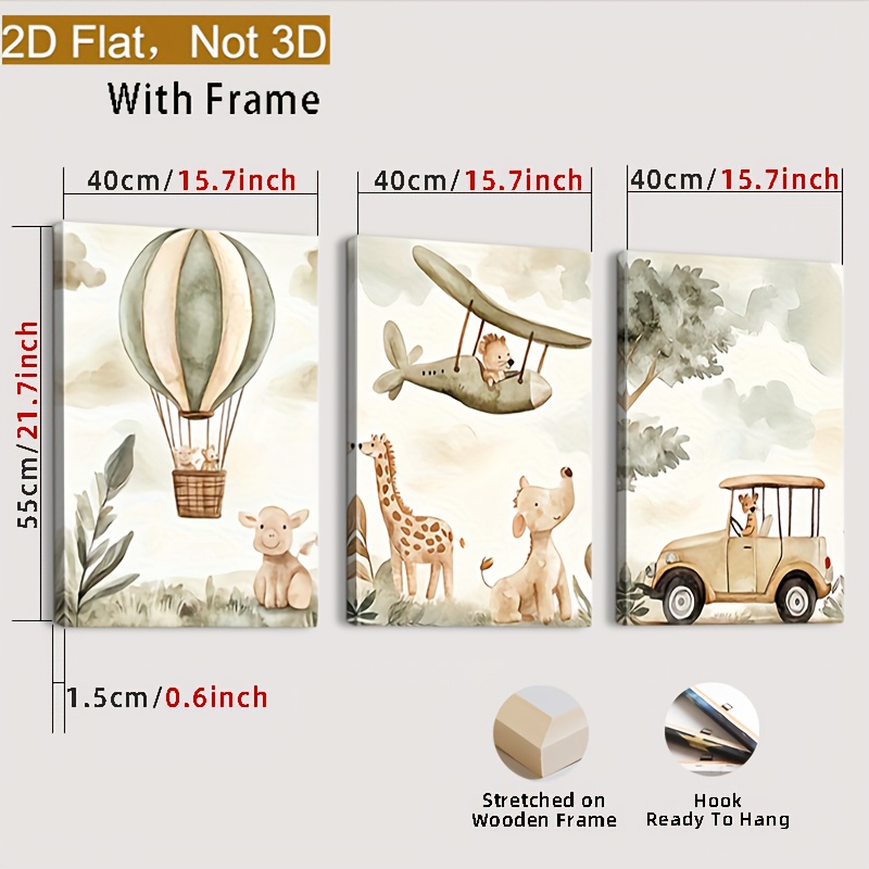 TEMU 2d Flat, 3pcs Wooden Framed Canvas Wall Art - Whimsical Animal & Airplane Adventure Scene, Reusable High-gloss Finish, For Living Room, Bedroom,