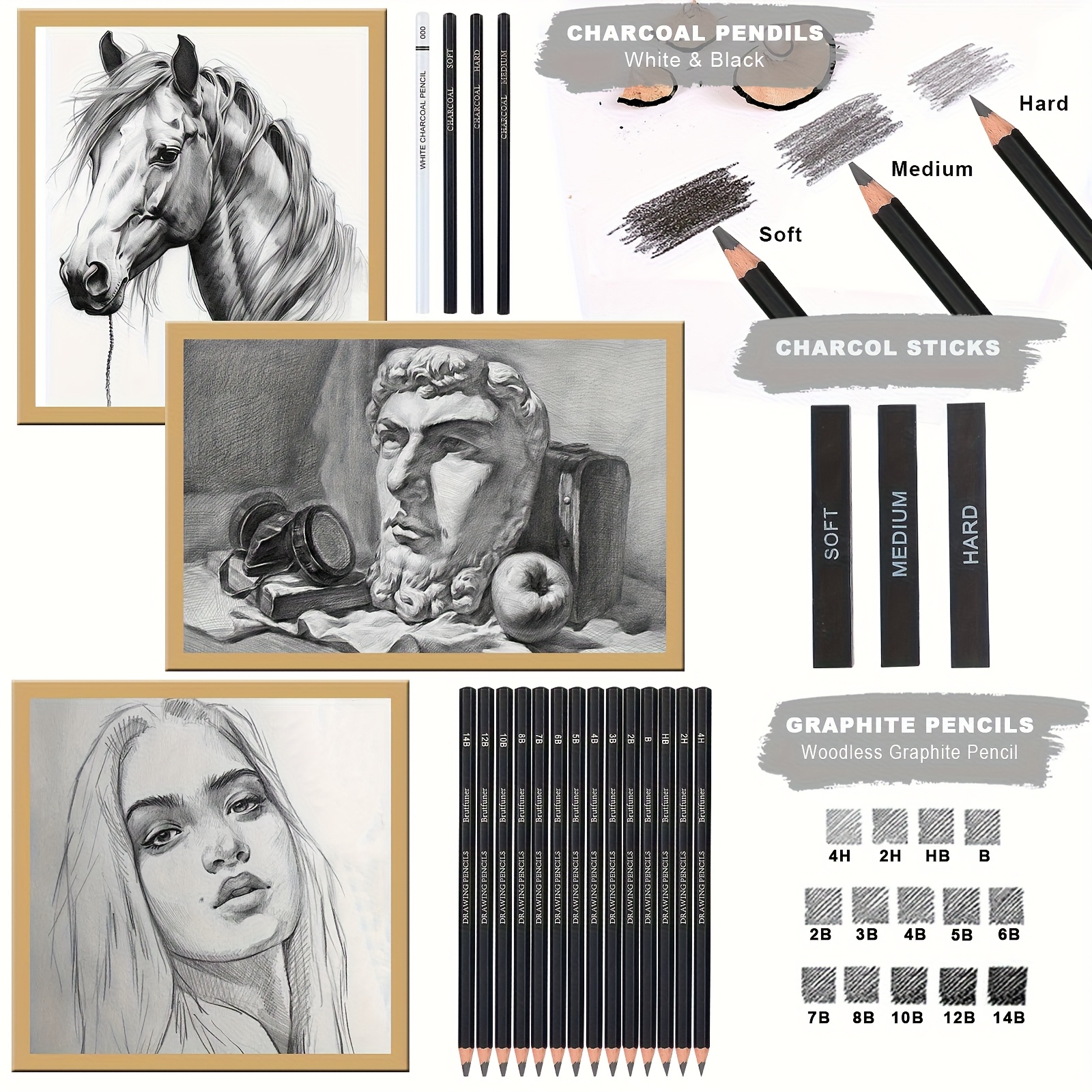 44/64pcs Drawing Set with Graphite & Charcoal Pencils