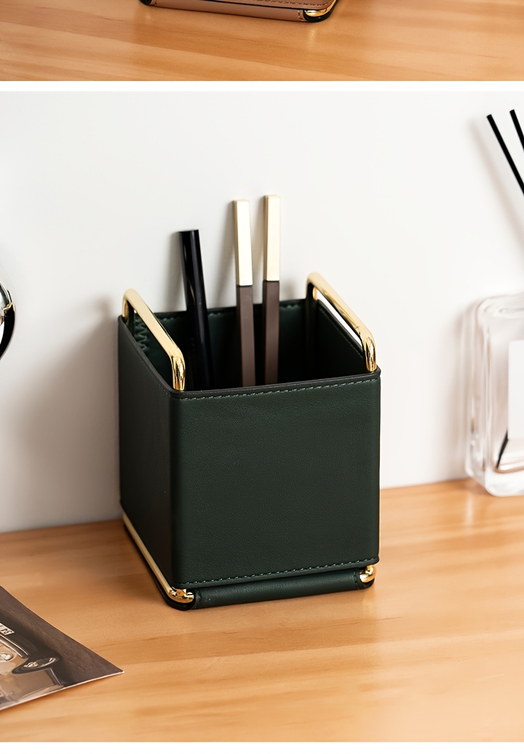 1pc of lightweight   leather storage tube makeup brush organizer vanity eyebrow and eyeshadow brush holder metal frame leather pen case desktop remote   storage box stylish square storage box multifunctional shelf living room countertop organizer fashionable high quality item Product details 9