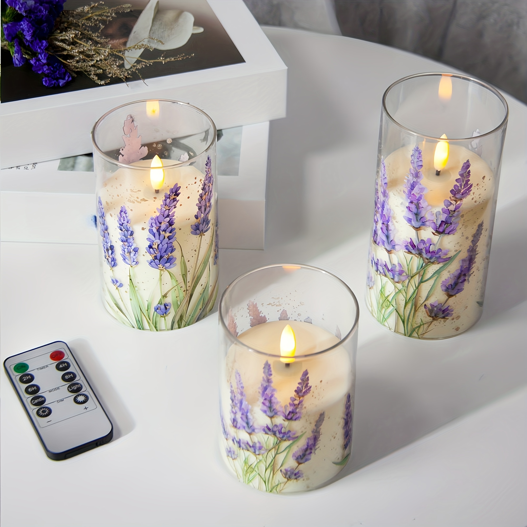 3pcs Lavender Scented Flameless Led Candles | Battery-powered, Remote Controlled, Adjustable Brightness, Realistic Flickering, Aa Battery Operated, Includes Remote With Batteries