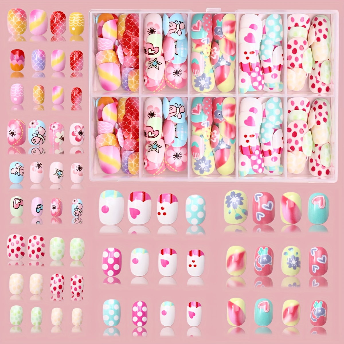 

120pcs Colorful Cartoon & -on Nails Set - Glossy Finish, Short Square Shape With Jelly Adhesive & Nail File Included - Perfect Gift For Girls And Women