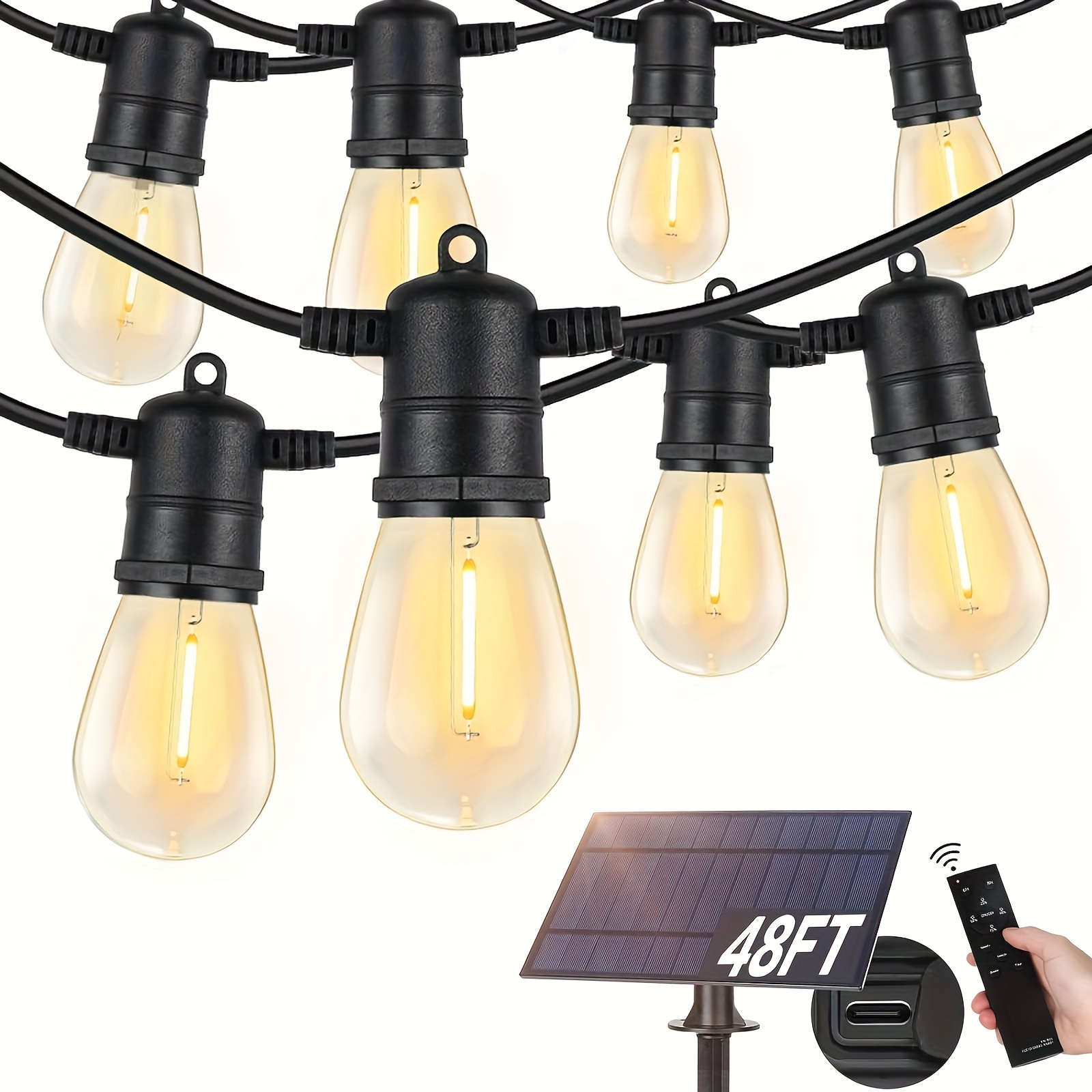 

Outdoor Solar S14 String Lights 48ft, Solar Powered Patio Light String With Led Shatterproof Edison Bulb & 3 Lighting Modes, Commercial Hanging Lights For Outside Backyard Balcony