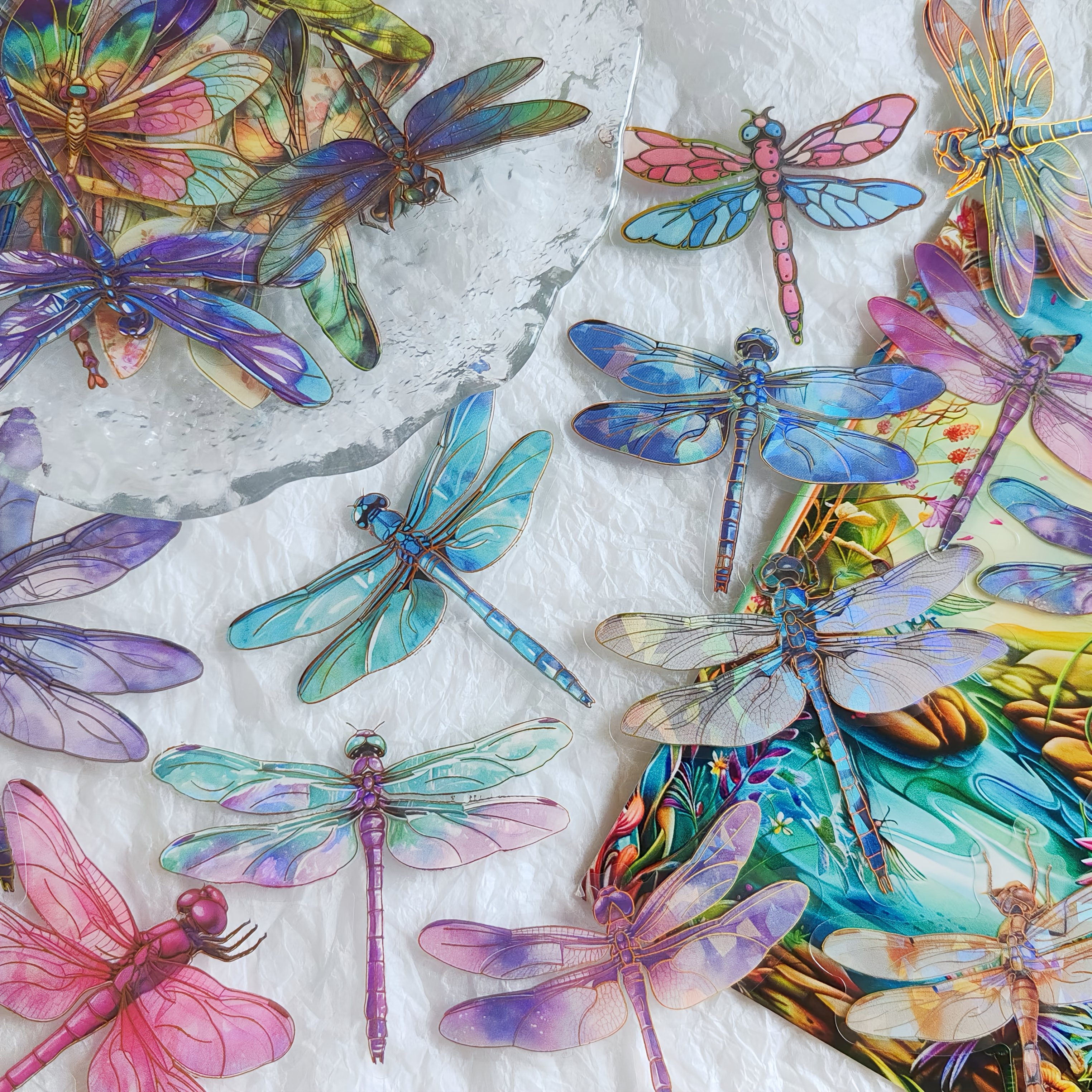 

30pcs Vibrant Dragonfly Graffiti Stickers, Reusable & Self-adhesive With Sparkling Laser Effect, Iridescent Vinyl Decals For Scrapbooking, Journaling & Diy Crafts, Animal Designs