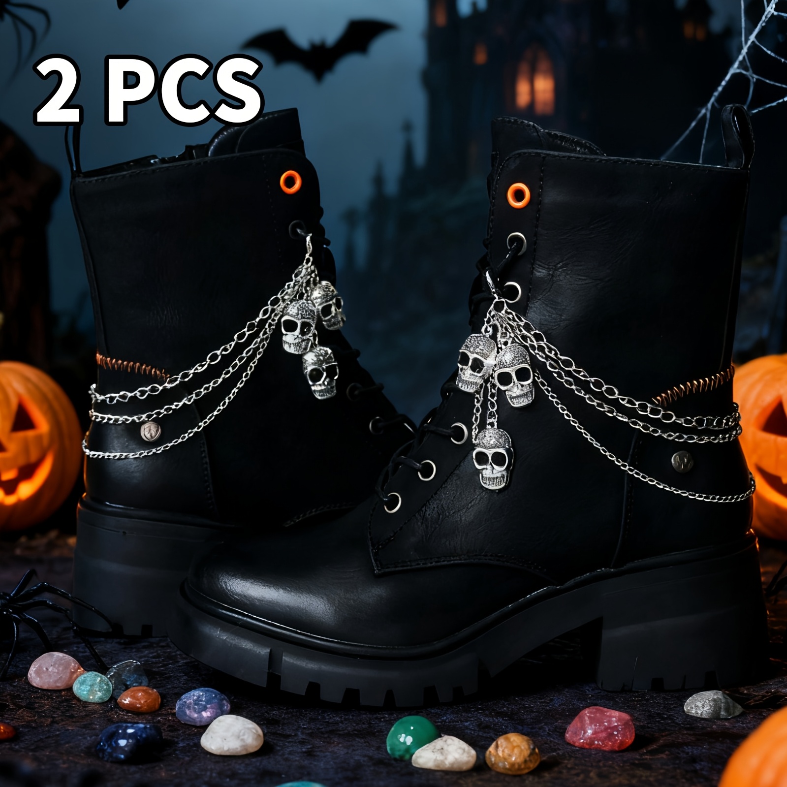 1pc / 2pcs Halloween Gift Skull Boot Chains - Diy Stylish Heel Chains With 3 Skulls Boots, Motorcycle Boots, Punk Footwear, Biker Boots, , And Costume Accessories
