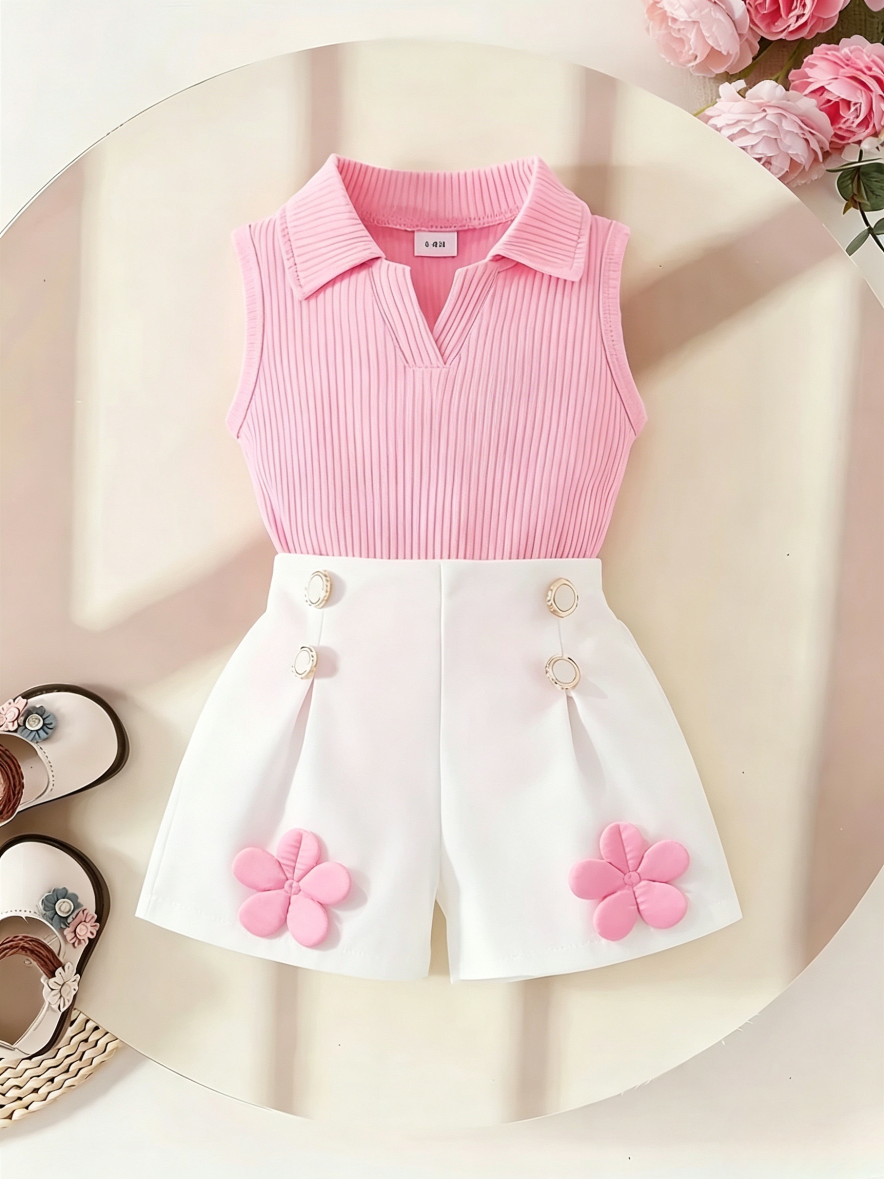 2pcs summer toddler girls collar sleeveless solid color top floral white shorts fashionable outdoor outfit set for outdoor