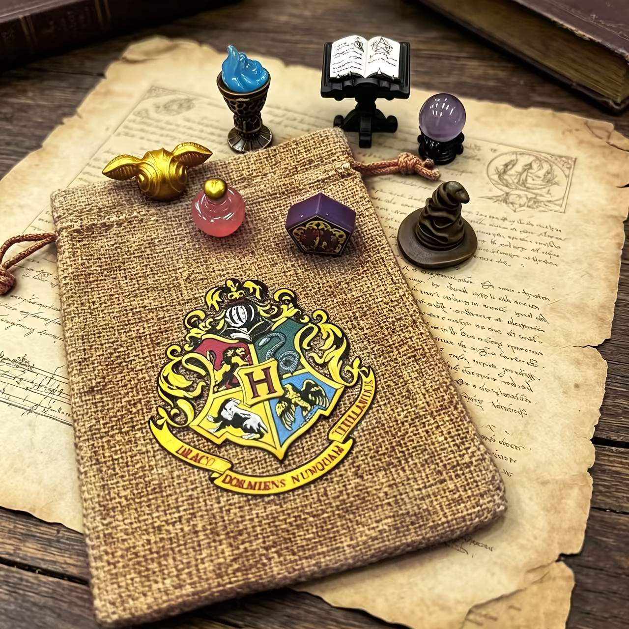 8pcs Set Of Magical Decoration Set Includes Mini Magic Book, Mini , Mini Bookshelf, And Magic Flame Ornament. A Miniature Prop With Magical World Theme. The Set Includes Golden And Chocolate Frog
