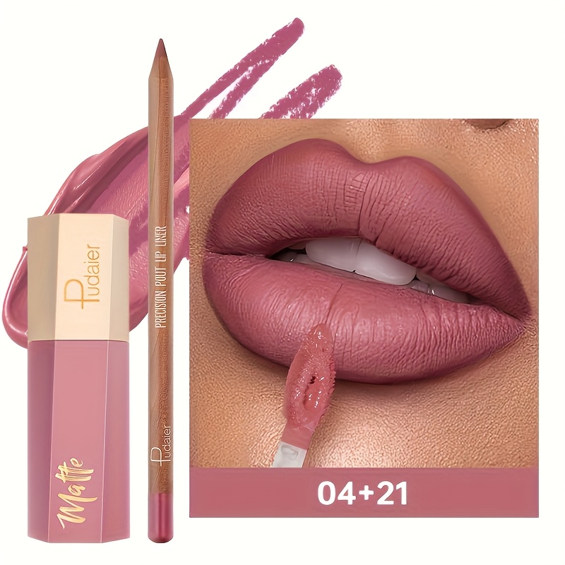 2pcs Matte Lip Liner And Lip Gloss Set - Long-lasting, , 24-hour Waterproof Velvet Cup Lip Gloss For Tones