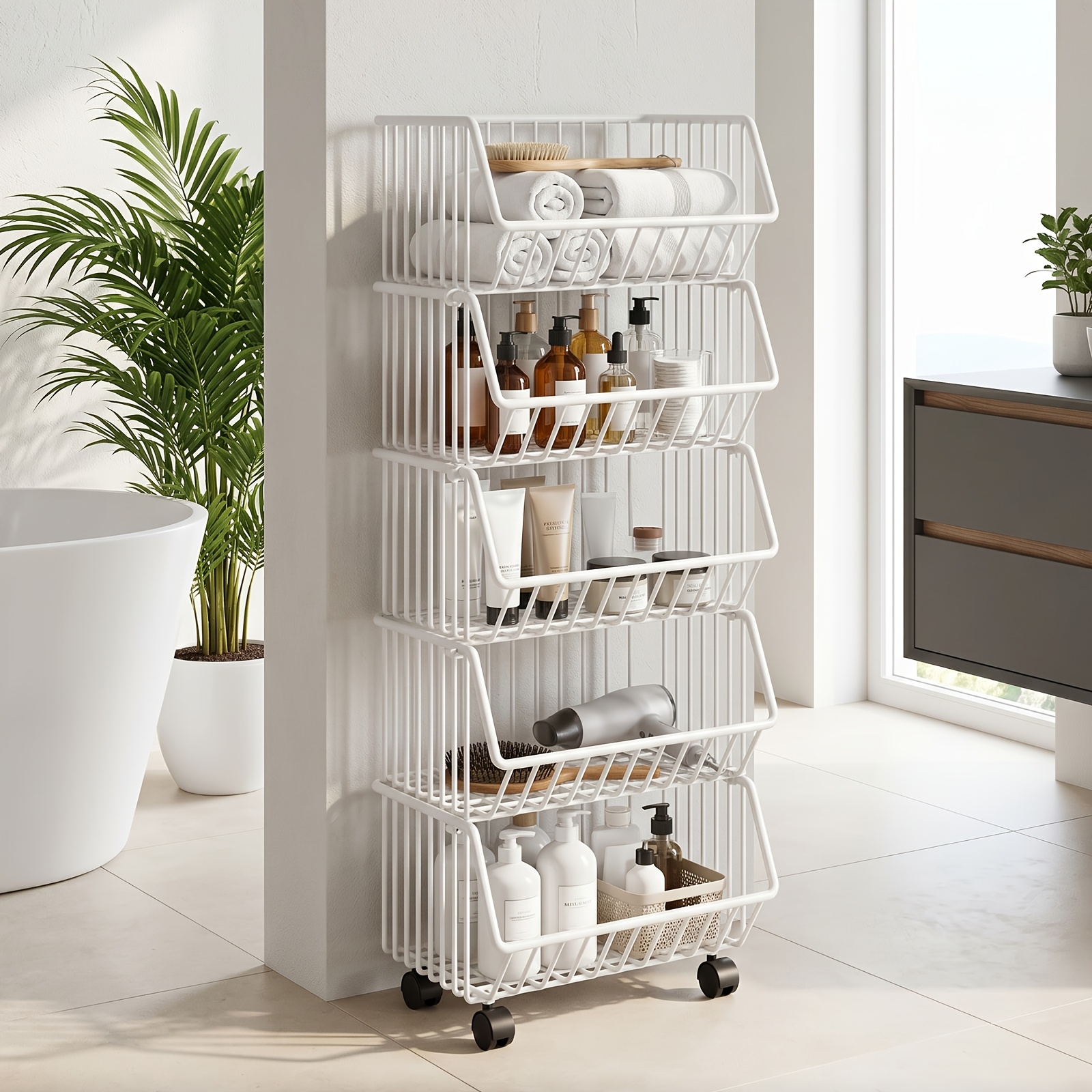 Heavy Duty 5-tier Kitchen Storage Rack, Rolling Metal Organizer Cart With Wire Basket Shelves, Large Capacity Space- Storage Shelf, Multifunctional Organizer For Kitchen Pantry And Home, Shelf Baskets