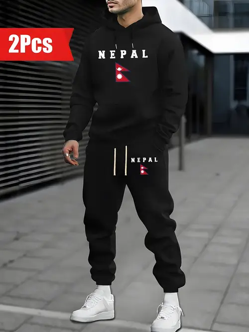 2pcs nepal flag print mens fashion thick long sleeve hoodie and drawstring pocket pants set polyester sports hooded sweatshirt with stretch knit fabric and loose fit drawstring pockets sports sweatpants set for outdoor activities autumn and winter