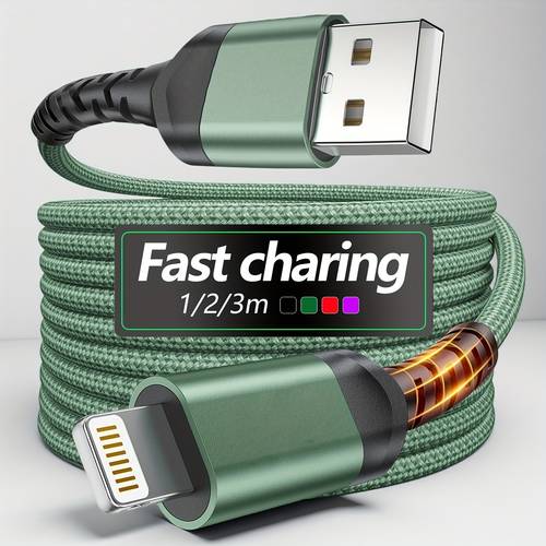 usb a to lightning charger cable nylon braided fast charging compatible with for iphone 12 11 11pro 11 xs xr xs 7 6 5s se ipad mini air 12w power output brand