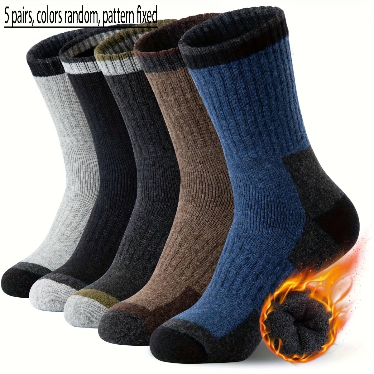 TEMU 5-pair Pc, Color Random, Thick And Warm Men's No-show Socks - Solid Color, Moisture-wicking, Suitable For Indoor And Outdoor