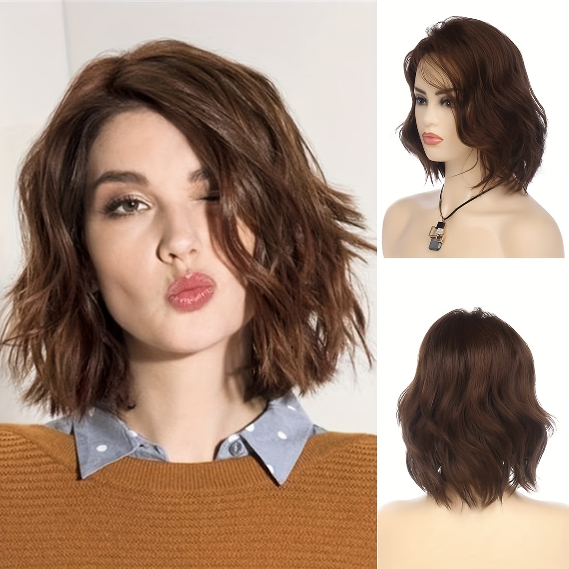 

Brown Short Wavy Bob Wig For Women Synthetic Heat Resistant Halloween Cosplay