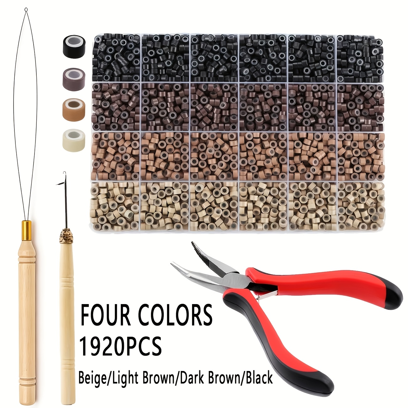 Image of 1920pcs Hair Extensions Tools Kit | Pliers, Hair Pulling Hooks, Beads Device For Micro Ring Loop Hair, Feather Hair, Stick Hair Extensions