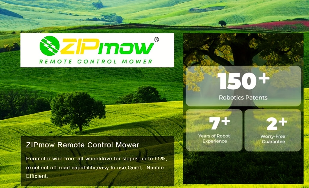 zipmow remote controlled smart self propelled cordless electric lawnmower features dual 18v batteries   inch cutting head 3 height adjustments 2 inches 3 inches to handle       minute   and is lightweight and portable Product details 3