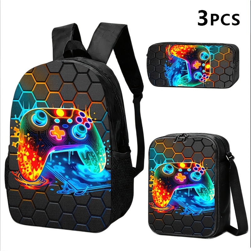 TEMU 1pc/2pcs/3pcs Backpack, Crossbody Bag, Storage Bag With Vibrant Gaming Controller & Hexagon Motif. Tech-inspired, For Users In Commuting,